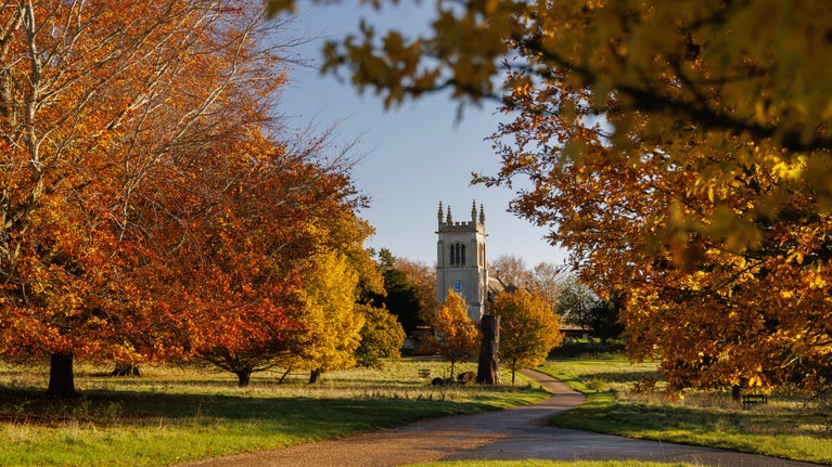 The trail winds past St Mary's church on an autumn day
